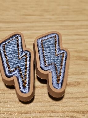 Two Retired Denim lightning bolts Embroidered Crocs Jibbitz - Light Blue & Tan